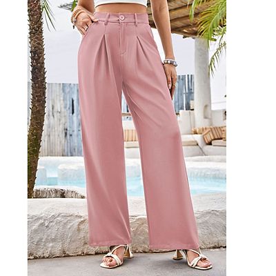 Women's Elegant Business Dress Pants Classic Solid Pleated Waist Loose  Straight Casual Trousers