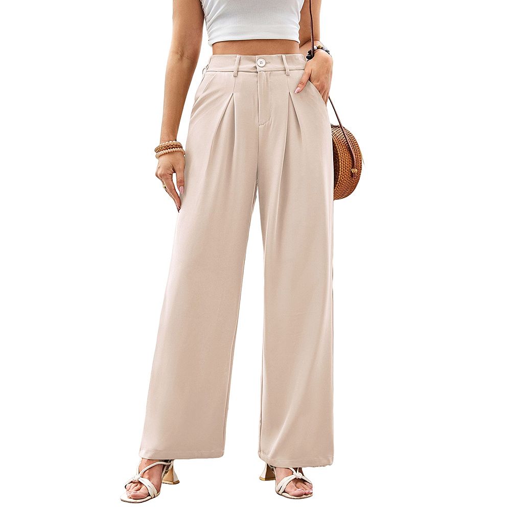 Women's Elegant Business Dress Pants Classic Solid Pleated Waist Loose  Straight Casual Trousers