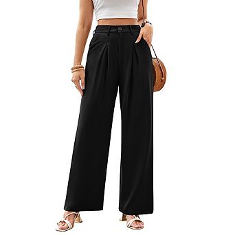 Women's Elegant Business Dress Pants Classic Solid Pleated Waist Loose Straight Casual Trousers
