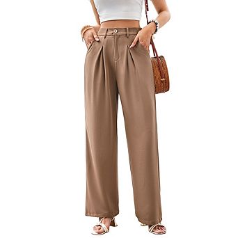 Women's Elegant Business Dress Pants Classic Solid Pleated Waist Loose Straight Casual Trousers