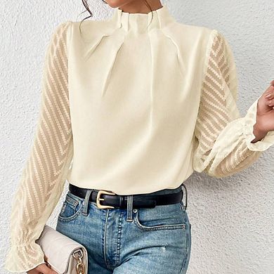 Women's Casual Chic Long Sleeve Top Mock Neck Wave Patchwork Chiffon Blouse