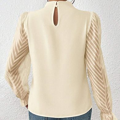 Women's Casual Chic Long Sleeve Top Mock Neck Wave Patchwork Chiffon Blouse