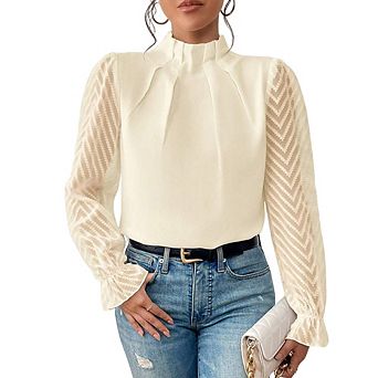 Women's Casual Chic Long Sleeve Top Mock Neck Wave Patchwork Chiffon Blouse