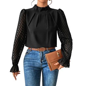 Women's Casual Chic Long Sleeve Top Mock Neck Wave Patchwork Chiffon Blouse