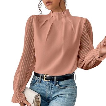 Women's Casual Chic Long Sleeve Top Mock Neck Wave Patchwork Chiffon Blouse