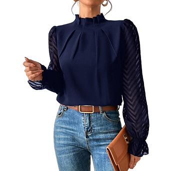 Women's Casual Chic Long Sleeve Top Mock Neck Wave Patchwork Chiffon Blouse