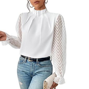 Women's Casual Chic Long Sleeve Top Mock Neck Wave Patchwork Chiffon Blouse