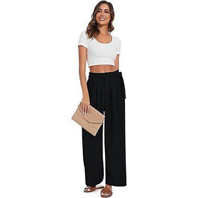 Women's Bow Tie Wide Leg Trousers High Waist Elastic Solid Color Pockets Relaxed Fit Pants