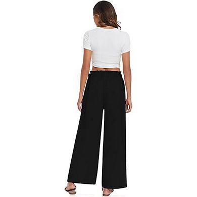 Women's Bow Tie Wide Leg Trousers High Waist Elastic Solid Color Pockets Relaxed Fit Pants