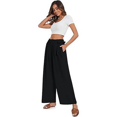 Women's Bow Tie Wide Leg Trousers High Waist Elastic Solid Color Pockets Relaxed Fit Pants