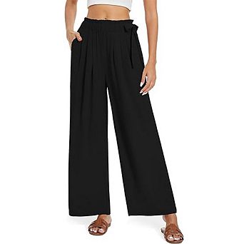 Women's Bow Tie Wide Leg Trousers High Waist Elastic Solid Color Pockets Relaxed Fit Pants