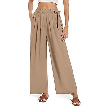 Women's Bow Tie Wide Leg Trousers High Waist Elastic Solid Color Pockets Relaxed Fit Pants