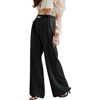 Women's High Waist Wide Leg Dress Pants Pleated Waist Solid Color Straight Leg Business Trousers
