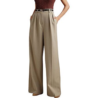 Women's High Waist Wide Leg Dress Pants Pleated Waist Solid Color Straight Leg Business Trousers