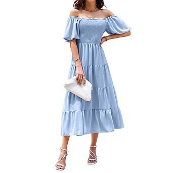 Women's Elegant Square Neck Puff Sleeve Midi Dress Tiered Ruffled Pleated Waist Dress