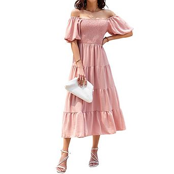 Women's Elegant Square Neck Puff Sleeve Midi Dress Tiered Ruffled Pleated Waist Dress