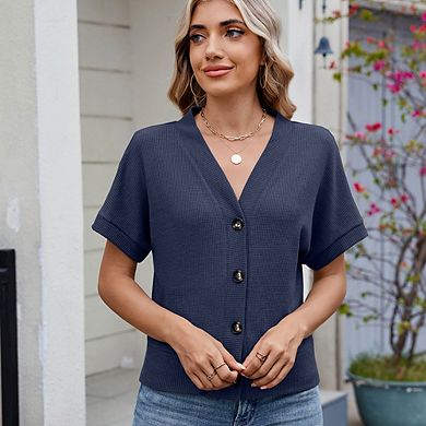 Women Loose Solid Color Short Sleeve T-Shirt Button Down V Neck Sweater Tops Casual Commute Work Top