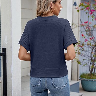 Women Loose Solid Color Short Sleeve T-Shirt Button Down V Neck Sweater Tops Casual Commute Work Top