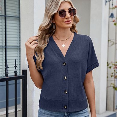 Women Loose Solid Color Short Sleeve T-Shirt Button Down V Neck Sweater Tops Casual Commute Work Top