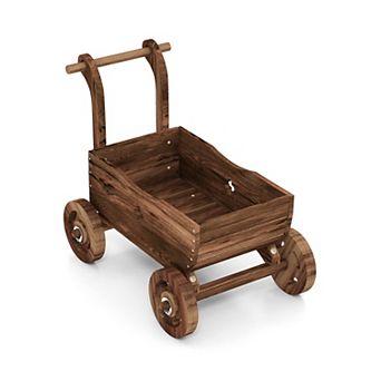 Wooden Wagon Planter Cart with Wheels Handle and Drainage Hole