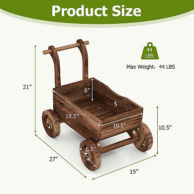 Wooden Wagon Planter Cart with Wheels Handle and Drainage Hole