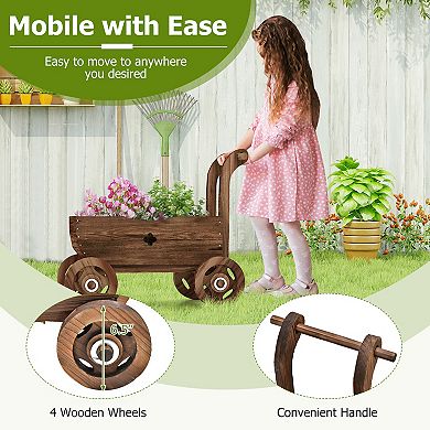 Wooden Wagon Planter Cart with Wheels Handle and Drainage Hole