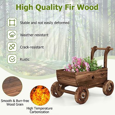 Wooden Wagon Planter Cart with Wheels Handle and Drainage Hole