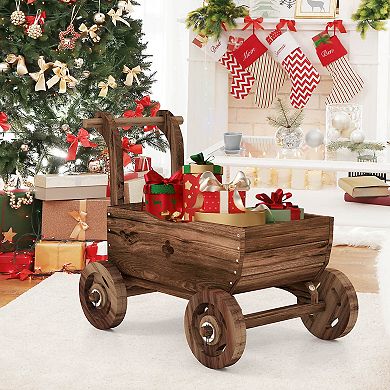 Wooden Wagon Planter Cart with Wheels Handle and Drainage Hole