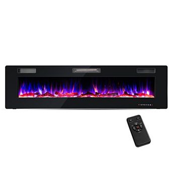 68 Inch Ultra-Thin Electric Fireplace Recessed Wall Mounted with Crystal Log Decoration