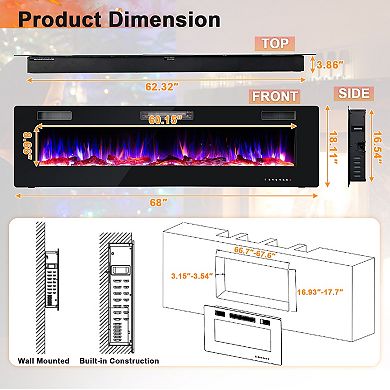 68 Inch Electric Fireplace Wall Mounted Recessed With Multicolor Flames