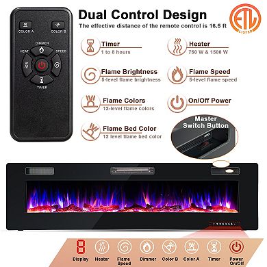 68 Inch Electric Fireplace Wall Mounted Recessed With Multicolor Flames