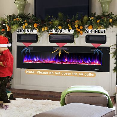 68 Inch Electric Fireplace Wall Mounted Recessed With Multicolor Flames