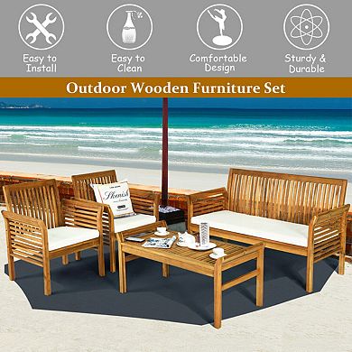 4 Piece Patio Furniture Set Acacia Wood Outdoor Sofa Seating