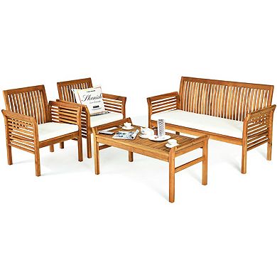 4 Piece Patio Furniture Set Acacia Wood Outdoor Sofa Seating