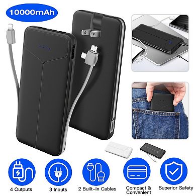 10000mAh Portable Power Bank with Built-in Cables