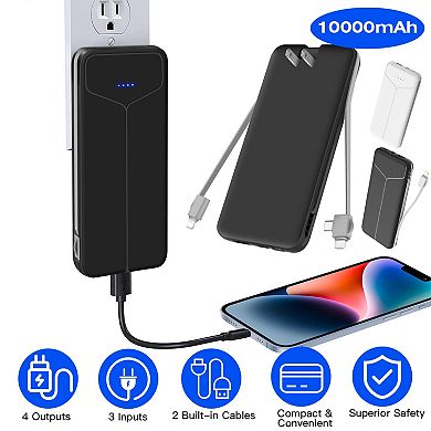 10000mAh Portable Power Bank with Built-in Cables