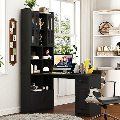 Modern L-Shaped Corner Computer Desk with Hutch and Storage Cabinets for Home Office Workspace