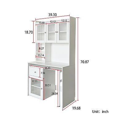 GOODSILO Modern Home Office Desk with Rotating Top, Hutch, Bookshelf, Glass Cabinets & Drawer
