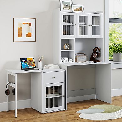 GOODSILO Modern Home Office Desk with Rotating Top, Hutch, Bookshelf, Glass Cabinets & Drawer