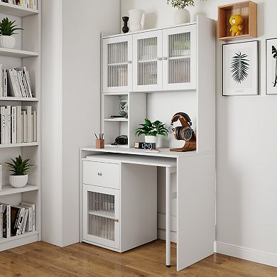 GOODSILO Modern Home Office Desk with Rotating Top, Hutch, Bookshelf, Glass Cabinets & Drawer