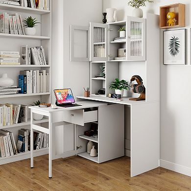 GOODSILO Modern Home Office Desk with Rotating Top, Hutch, Bookshelf, Glass Cabinets & Drawer