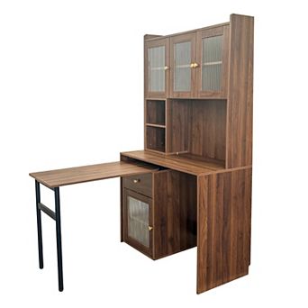 Modern Home Office Desk with Rotating Desktop, Hutch, Bookshelf, Glass Door Cabinets, and Drawer