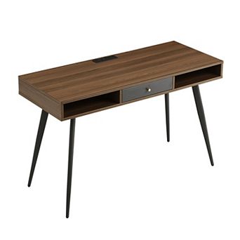 Mid-Century Modern Desk with Built-in USB Ports and Power Outlet, Multifunctional Writing Desk