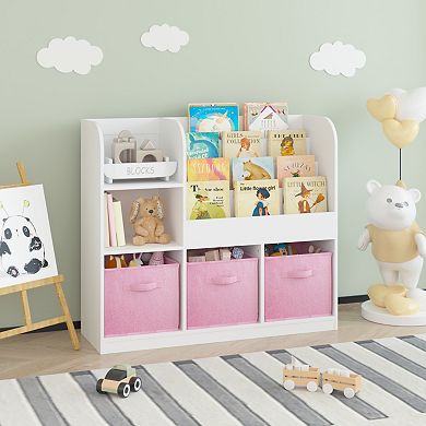 Kids Bookshelf with 3 Fabric Drawers - Toy Storage Organizer Display Stand for Playroom