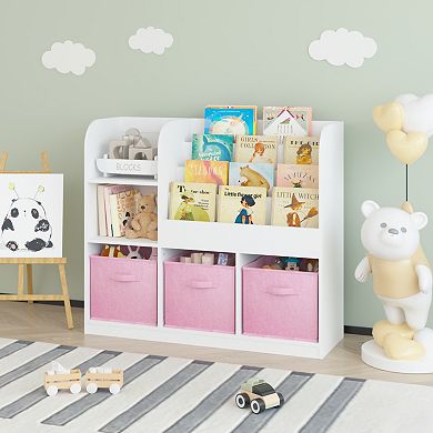Kids Bookshelf with 3 Fabric Drawers - Toy Storage Organizer Display Stand for Playroom
