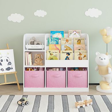 Kids Bookshelf with 3 Fabric Drawers - Toy Storage Organizer Display Stand for Playroom