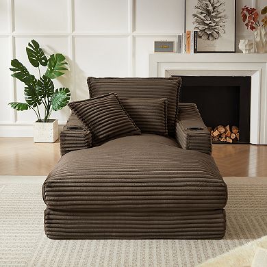 Deep Armrest Lounge Chair , Corduroy Compression Sofa With 2 Cup Holders And Side Pockets