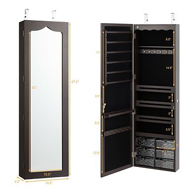 Brown Wall-Mounted Jewelry Armoire with 5 LED Mirror Lights