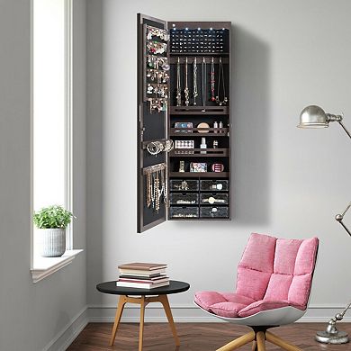 Brown Wall-Mounted Jewelry Armoire with 5 LED Mirror Lights