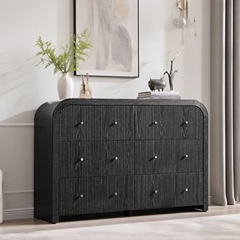 54" Wide Modern Fluted 6 Drawer Dresser with Curved Profile, Wood Storage Chest for Bedroom, Hallway